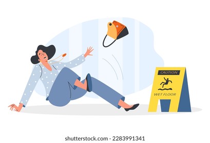 Dangerous risky accident on wet floor, flat vector illustration isolated on white background. Caution of risk of falling on wet washed floor surface in public place.