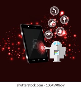 Dangerous robot hacking phone network system infographic icons digital technology futuristic concept abstract background vector illustration