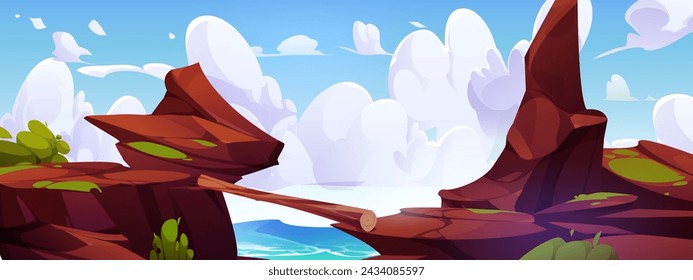 Dangerous rocky cliff above river with log as foot bridge over abyss. Cartoon vector illustration of summer landscape with hazard chasm between high rough edge. Extreme way over gap precipice.