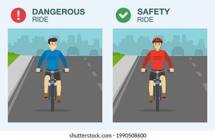 Dangerous and safe bicycle ride on road. Wear your helmet to protect your head. Front view of cycling bike riders. Flat vector illustration template.