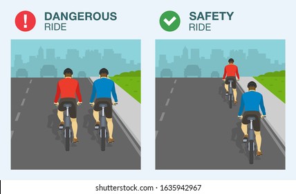 Dangerous and safety bicycle ride on road. Single file and two abreast riding. Flat vector illustration.