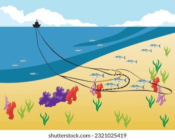 Dangerous Sailing with Trawl Vector Illustration