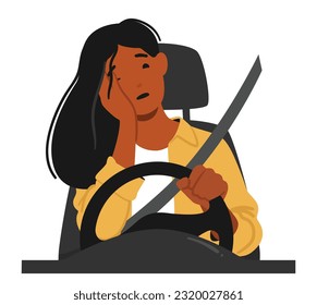 Dangerous Scenario, Woman Asleep While Driving, Risking Lives. Recklessness, Exhaustion, Pose Severe Threat On Road. Urgent Attention And Responsible Actions Needed. Cartoon People Vector Illustration