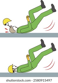 Dangerous scene at work site. Illustration of a worker who slipped and lost his helmet