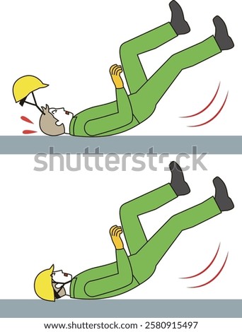 Dangerous scene at work site. Illustration of a worker who slipped and lost his helmet