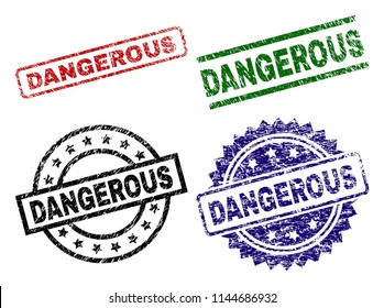 DANGEROUS seal imprints with corroded style. Black, green,red,blue vector rubber prints of DANGEROUS title with corroded style. Rubber seals with circle, rectangle, rosette shapes.