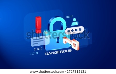 Dangerous Security Alert and Cyber Threat 3D Illustration. Futuristic padlock and key for cybersecurity risk management. lock and warning symbols, perfect for cybersecurity apps, login safety, and web threat headers.