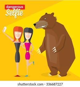 Dangerous selfie concept illustration. Selfie with Bear. Man and bear Taking a  selfie Photo Together on smartphone