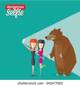 Dangerous selfie concept illustration. Selfie with Bear. Man and bear Taking a selfie Photo Together on smartphone