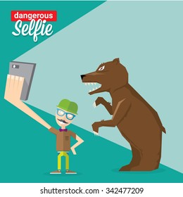 Dangerous selfie concept illustration. Selfie with Bear. Man and bear Taking a selfie Photo Together on smartphone