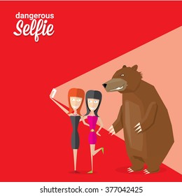 Dangerous selfie concept illustration. Selfie with Bear. Man and bear Taking a selfie Photo Together on smartphone