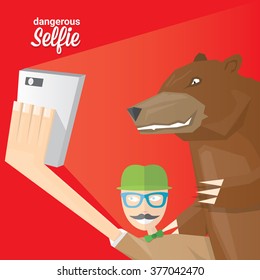 Dangerous selfie concept illustration. Selfie with Bear. Man and bear Taking a selfie Photo Together on smartphone
