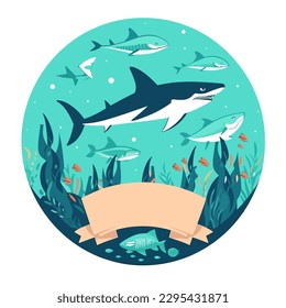 dangerous shark, aquatic reserve, ocean life, cartoon vector illustration. label, sticker, t-shirt printing