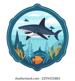 dangerous shark, aquatic reserve, ocean life, cartoon vector illustration. label, sticker, t-shirt printing