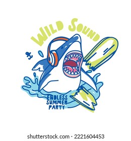 Dangerous shark character design.Beach party.Cool shark vector print.Fun t-shirt design for kids.Vector illustration design for fashion fabrics, textile graphics, print.