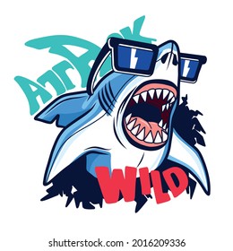 Dangerous shark character design.Cool shark vector print.Fun t-shirt design for kids.Vector illustration design for fashion fabrics, textile graphics, print.