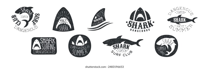 Dangerous Shark Surf Club Black And White Badge Vector Set
