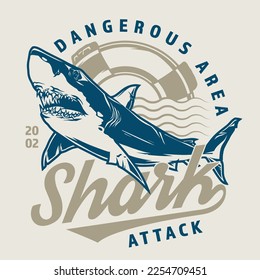 Dangerous shark vintage sticker colorful with large predatory fish with sharp teeth threatening tourists and sailors vector illustration