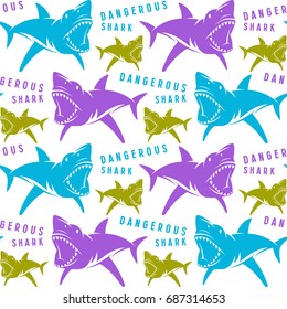 Dangerous sharks seamless pattern. Color print on white background