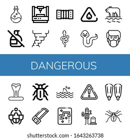 dangerous simple icons set. Contains such icons as Poison, No spray, Laser, Hurricane, Harmonic, Snake, Flammable, Polar bear, Pollution, can be used for web, mobile and logo