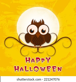 Dangerous sitting owl infront of moon with stylish Halloween text on yellow background. 