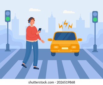 Situación peligrosa en el cruce con un chico descuidado con auriculares. Camino peatonal que mira el teléfono móvil, auto que conduce hacia la ilustración vectorial plana de cebra. Seguridad del tráfico, concepto de accidente