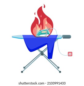 Dangerous situation with the iron. A forgotten iron burns on the ironing board. Accident, danger, fire. Burnt thing. Flat style. Isolated on a white background. Vector illustration