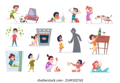 Dangerous situation for kids. Boys and girl playing with electricity holding knife eating drugs pills mortality for children caution strangers exact vector cartoon characters