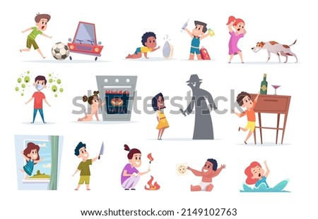 Dangerous situation for kids. Boys and girl playing with electricity holding knife eating drugs pills mortality for children caution strangers exact vector cartoon characters