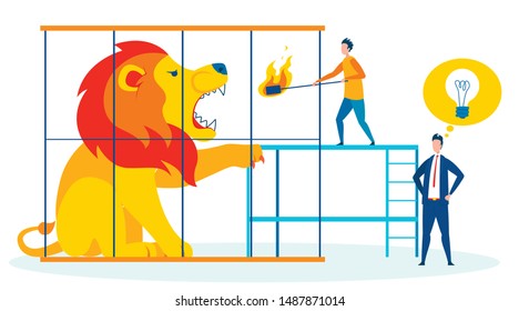 Dangerous Situation Metaphor Vector Illustration. Stupid Man Teasing Wild Lion in Cage Cartoon Character. Leader, Boss Having Idea, Problem Solution. Silly Tricks, Obvious Threat Symbol