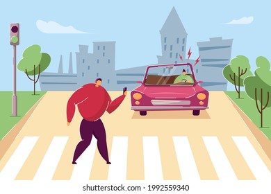 Dangerous situation at pedestrian crossing. Flat vector illustration. Careless man walking on crosswalk with headphones, smartphone. Frightened driver avoiding accident. Safety, Traffic Laws, concept