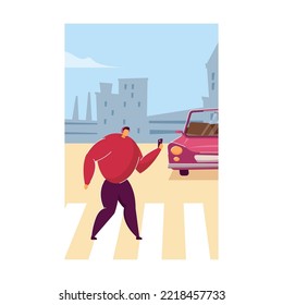 Dangerous situation at pedestrian crossing. Flat vector illustration. Careless man walking on crosswalk with headphones, smartphone. Frightened driver avoiding accident