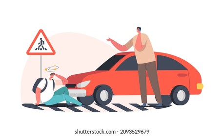 Dangerous Situation with Transport, Drunk Driver Victim. Car Hit Pedestrian on Road, Accident with Automobile and Person in City, Health Insurance, Safety on Road Concept. Cartoon Vector Illustration