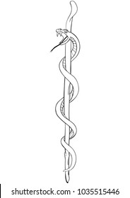 Dangerous snake around stick freehand outline drawing