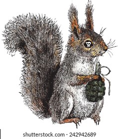 Dangerous squirrel with the grenade. Terrorism metaphor