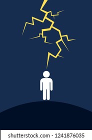 Dangerous storm and lightning - man is hit by thunderbolt during thunderstorm. Person is standing outside in the nature. Vector illustration