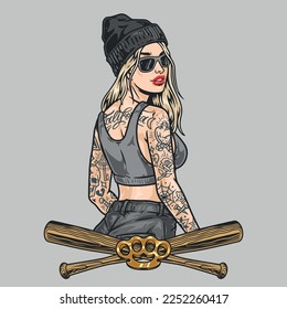 Dangerous street girl colorful element with brass knuckles and baseball bats for street gangs or urban subcultures vector illustration