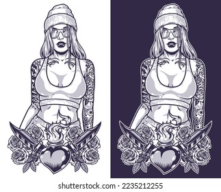 Dangerous stylish girl logotype monochrome with heart and sharp knives near cocky woman with tattoo on arms vector illustration