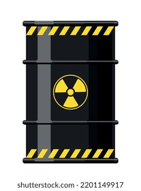 Dangerous substance concept. Black metal barrel with radioactive atomic waste of uranium. Protection from nuclear pollution. Design element for warning covers. Cartoon flat vector illustration