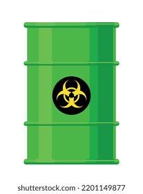 Dangerous substance concept. Green barrel with biohazard symbol. Protection of nature from pollution. Design element for banners. Cartoon flat vector illustration isolated on white background