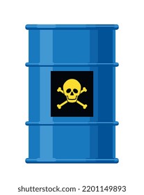Dangerous substance concept. Sticker or icon with big blue barrel of toxic waste. Disposal and protection against pollution. Design element for printing on paper. Cartoon flat vector illustration