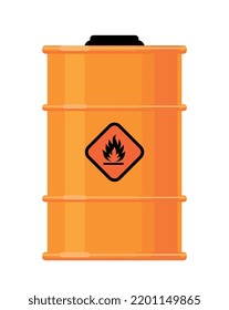 Dangerous substance. Icon with orange barrel and flammable substance sign. Gas, fuel or gasoline. Design element for warning covers. Cartoon flat vector illustration isolated on white background