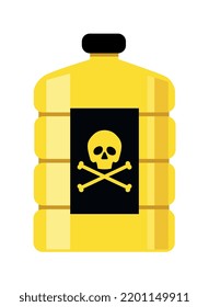 Dangerous substance. Yellow plastic canister or container with toxic liquid and waste for disposal. Design element for warning covers. Cartoon flat vector illustration isolated on white background