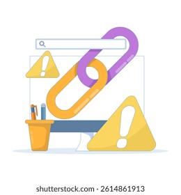 dangerous and suspicious link concept. warning notification if website address is not safe. warning sign with chain and search field. illustration of minimalist symbol or icon.
