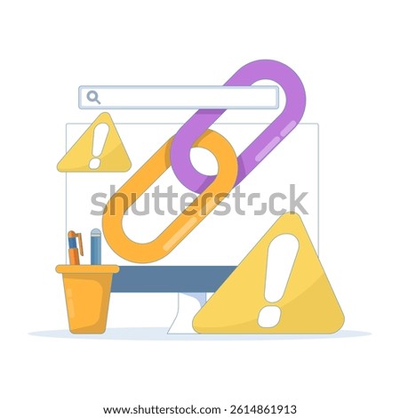 dangerous and suspicious link concept. warning notification if website address is not safe. warning sign with chain and search field. illustration of minimalist symbol or icon.