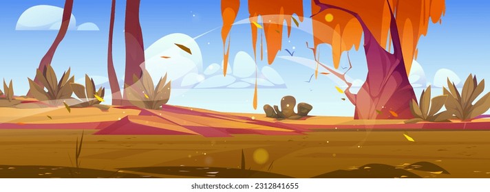 Dangerous swamp in autumn forest. Vector cartoon illustration of lake with dirty water, yellow foliage falling from trees, stones on ground, birds flying in sky with clouds. Adventure game landscape