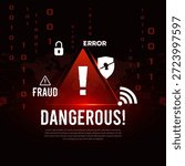 Dangerous system error and cyber fraud warning on dark red background with binary code. Professional concept for malware threat, data breach, and network security protection awareness. Cyber security dangerous alert