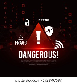 Peligroso error del sistema y advertencia de fraude cibernético sobre fondo rojo oscuro con código binario. Concepto de Profesional para amenazas de malware, violación de datos y conciencia de protección de seguridad de red. Alerta peligrosa de seguridad cibernética