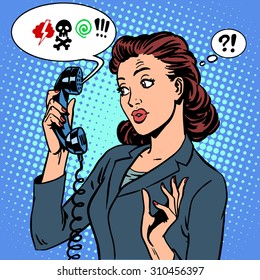 Dangerous talk phone communication viruses business woman abuse problems retro style pop art