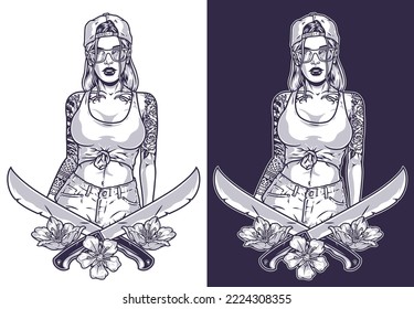 Dangerous tattooed woman monochrome emblem sharp machetes among flowers and hipster girl in summer stylish clothes Chicano style vector illustration